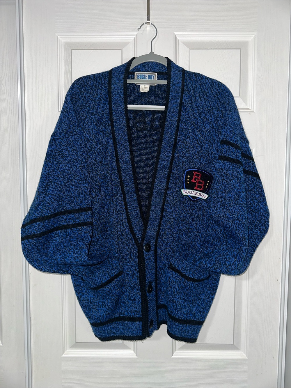 Vintage 90’s Bugle Boy Men's Blue V-Neck Cardigan Sweater